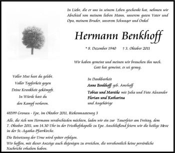 Todesanzeige von Hermann Benkhoff von Westfälische Nachrichten