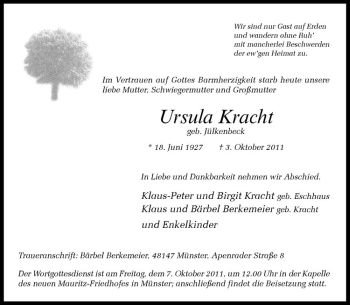 Todesanzeige von Ursula Kracht von Westfälische Nachrichten