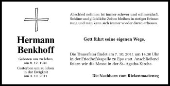 Todesanzeige von Hermann Benkhoff von Westfälische Nachrichten