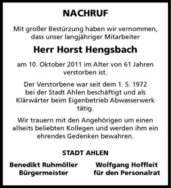 Todesanzeige von Horst Hengsbach von Westfälische Nachrichten