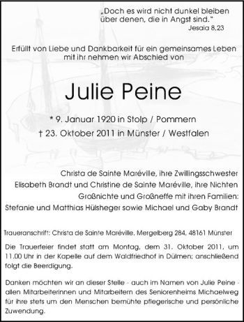 Todesanzeige von Julie Peine von Westfälische Nachrichten