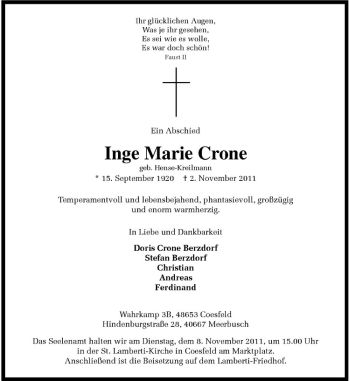 Todesanzeige von Inge Marie Crone von Westfälische Nachrichten