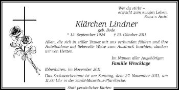 Todesanzeige von Klärchen Lindner von Westfälische Nachrichten