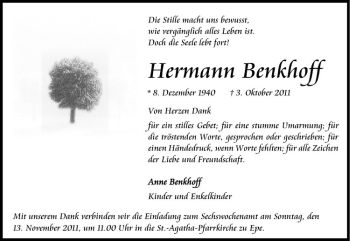 Todesanzeige von Hermann Benkhoff von Westfälische Nachrichten