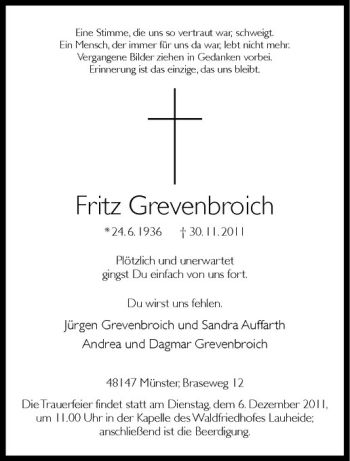 Todesanzeige von Fritz Grevenbroich von Westfälische Nachrichten