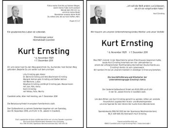 Todesanzeige von Kurt Ernsting von Westfälische Nachrichten