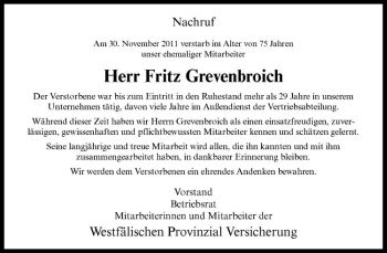 Todesanzeige von Fritz Grevenbroich von Westfälische Nachrichten