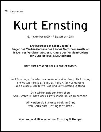 Todesanzeige von Kurt Ernsting von Westfälische Nachrichten
