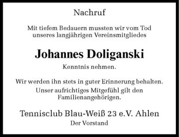 Todesanzeige von Johannes Doliganski von Westfälische Nachrichten