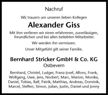 Todesanzeige von Alexander Giss von Westfälische Nachrichten