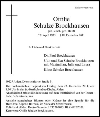 Todesanzeige von Ottilie Schulze Brockhausen von Westfälische Nachrichten