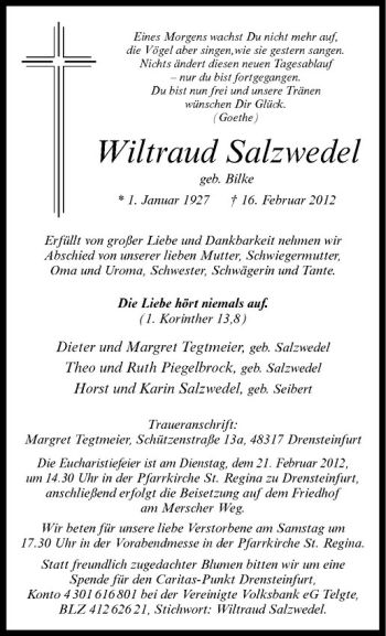 Todesanzeige von Wiltraud Salzwedel von Westfälische Nachrichten