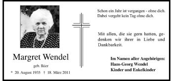 Todesanzeige von Margret Wendel von Westfälische Nachrichten