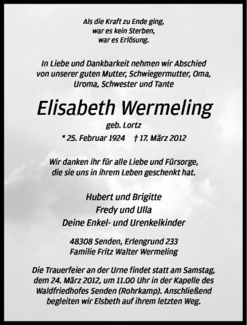 Todesanzeige von Elisabeth Wermeling von Westfälische Nachrichten
