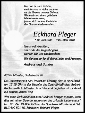 Todesanzeige von Eckhard Pleger von Westfälische Nachrichten