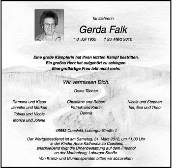Todesanzeige von Gerda Falk von Westfälische Nachrichten