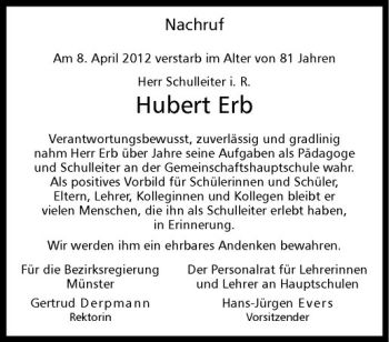 Todesanzeige von Hubert Erb von Westfälische Nachrichten