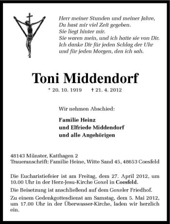 Todesanzeige von Toni Middendorf von Westfälische Nachrichten