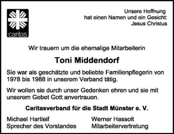 Todesanzeige von Toni Middendorf von Westfälische Nachrichten