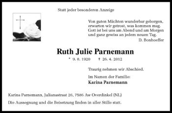 Todesanzeige von Ruth Julie Parnemann von Westfälische Nachrichten