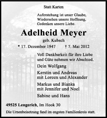 Todesanzeige von Adelheid Meyer von Westfälische Nachrichten