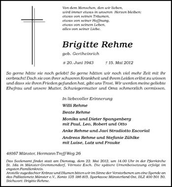 Todesanzeige von Brigitte Rehme von Westfälische Nachrichten