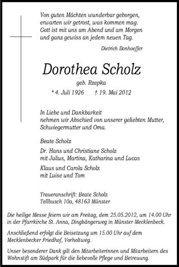 Todesanzeige von Dorothea Scholz von Westfälische Nachrichten