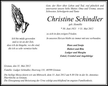 Todesanzeige von Christine Schindler von Westfälische Nachrichten