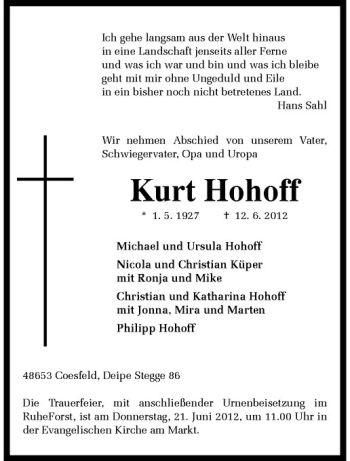 Todesanzeige von Kurt Hohoff von Westfälische Nachrichten