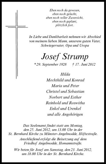 Todesanzeige von Josef Strump von Westfälische Nachrichten