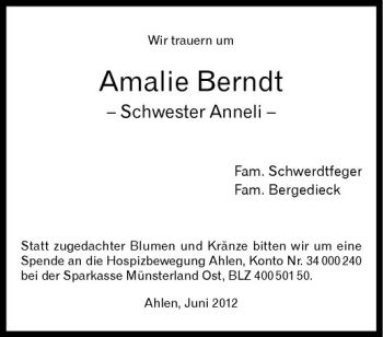 Todesanzeige von Amalie Berndt von Westfälische Nachrichten