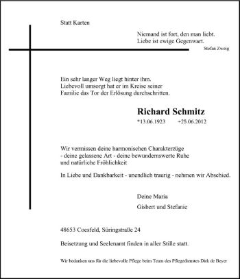 Todesanzeige von Richard Schmitz von Westfälische Nachrichten
