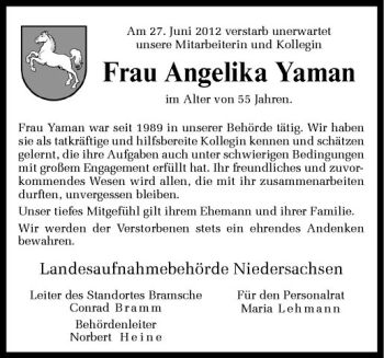 Todesanzeige von Angelika Yaman von Westfälische Nachrichten