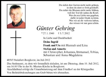 Todesanzeige von Günter Gehring von Westfälische Nachrichten