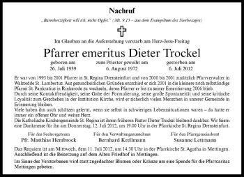 Todesanzeige von Pfarrer emeritus von Westfälische Nachrichten