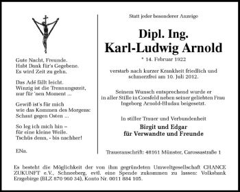 Todesanzeige von Karl-Ludwig Arnold von Westfälische Nachrichten