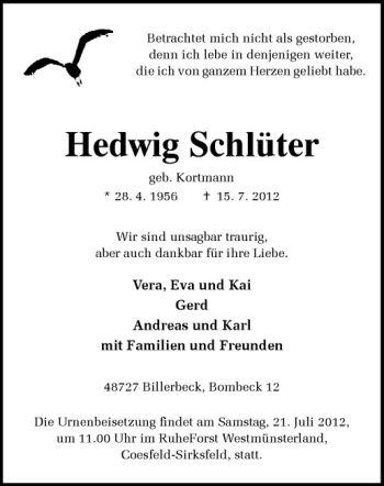 Todesanzeige von Hedwig Schlüter von Westfälische Nachrichten