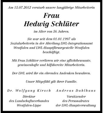 Todesanzeige von Hedwig Schlüter von Westfälische Nachrichten