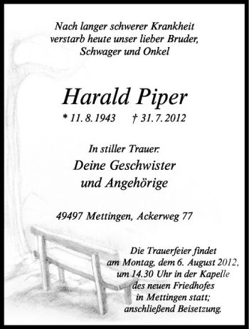 Todesanzeige von Harald Piper von Westfälische Nachrichten