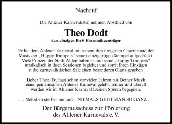 Todesanzeige von Theo Dodt von Westfälische Nachrichten