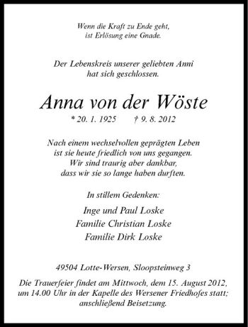 Todesanzeige von Anna von der Wöste von Westfälische Nachrichten