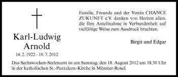Todesanzeige von Karl-Ludwig Arnold von Westfälische Nachrichten