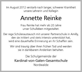 Todesanzeige von Annette Reinke von Westfälische Nachrichten