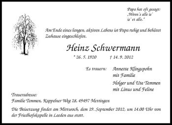 Todesanzeige von Heinz Schwermann von Westfälische Nachrichten