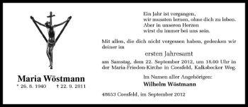 Todesanzeige von Maria Wöstmann von Westfälische Nachrichten