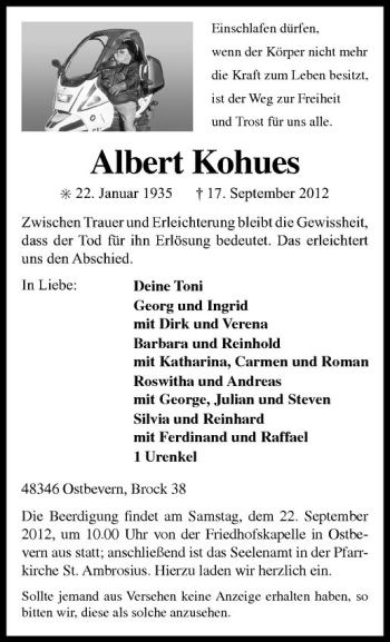 Todesanzeige von Albert Kohues von Westfälische Nachrichten