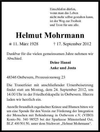Todesanzeige von Helmut Mohrmann von Westfälische Nachrichten