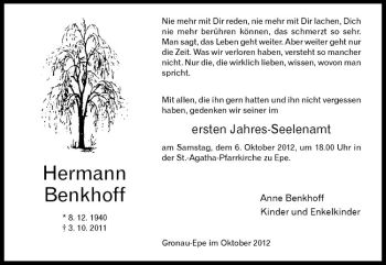 Todesanzeige von Hermann Benkhoff von Westfälische Nachrichten