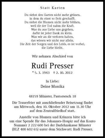 Todesanzeige von Rudi Presser von Westfälische Nachrichten