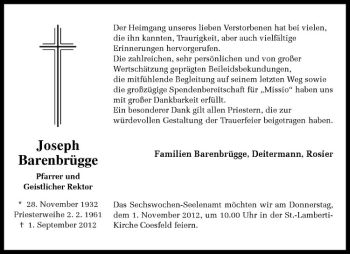 Todesanzeige von Joseph Barenbrügge von Westfälische Nachrichten
